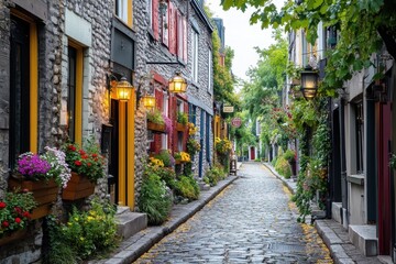 Obraz premium Picturesque Cobblestone Street Lined with Colorful Flower Boxes and Historic Stone Buildings