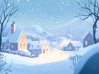 A snowy village scene at dusk with soft blues and whites, creating a peaceful and serene winter landscape