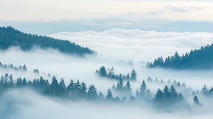 Fototapeta premium Misty mountain landscape with evergreen forests peeking through the clouds.