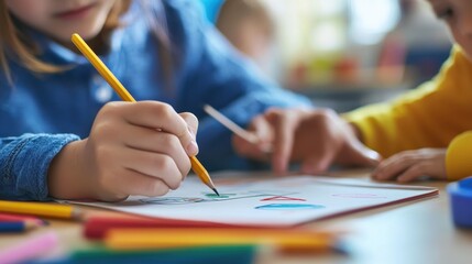 Child Therapeutic Art Activity with Close Up of Hands Using Colored Pencils for Expressive Drawing and Engagement