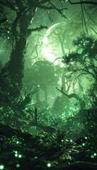 Obraz premium Enchanted Forest with Glowing Fireflies and Full Moon