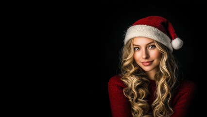 Beautiful woman wearing red Santa hat,smiling,black background,copy space,Christmas concept.
