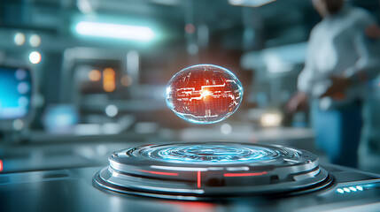 Advanced holographic quantum secure data transfer system in a tech lab environment futuristic concept