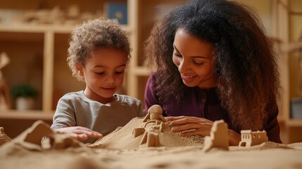 Engaging Child Therapy Session in Sand Play Activity with Caring Therapist Using Creative Techniques