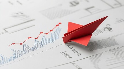 A red paper airplane on a financial report with graphs and data.