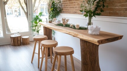 A rustic wooden counter accompanied by tall wooden stools creates a charming and inviting rustic atmosphere, perfect for casual gatherings and conversation.