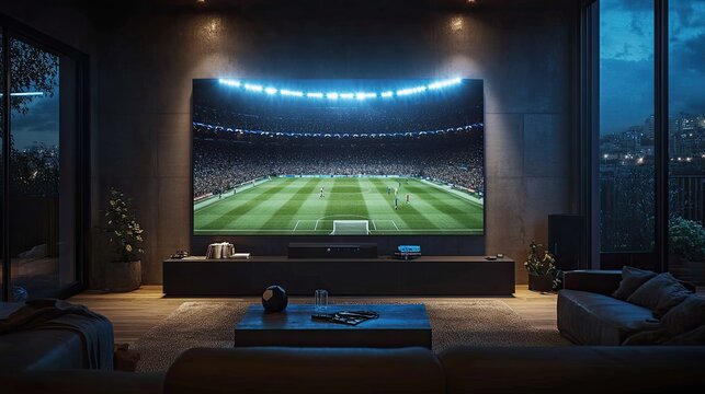 Large television in a living room, with a football match on the screen.