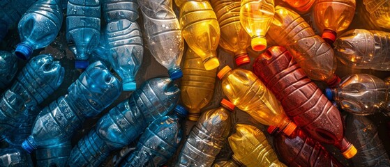 Colorful plastic bottles on dark background, various hues arranged in an unorganized manner. Distribution hints at color concentrations, interacting with light for vibrant contrast.