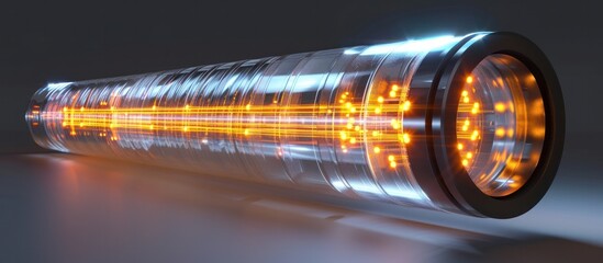 Powerful electromagnetic beam emitting from a futuristic energy tube with intense luminous glow representing the concept of advanced technology science and energy