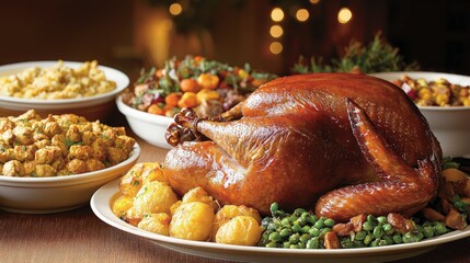 Roasted turkey centerpiece with assorted side dishes on a wooden table for Thanksgiving or Christmas dinner.