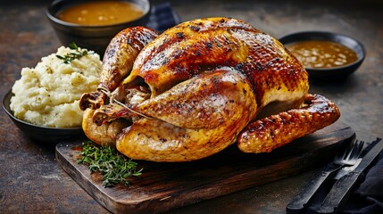 Roasted turkey with mashed potatoes and gravy.