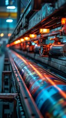 Industrial scene with a long steel tube illuminated by neon red light. Abstract and mysterious ambiance with yellow and red pipes. Golden light adds dreamy, industrial feel.