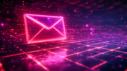 Neon pink glowing email icon in digital abstract cyber-themed environment