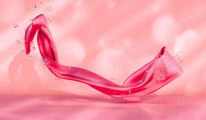 Abstract beauty podium backdrop with flying satin fabric. decorated with Christmas snowflakes ornament. 3d rendering.