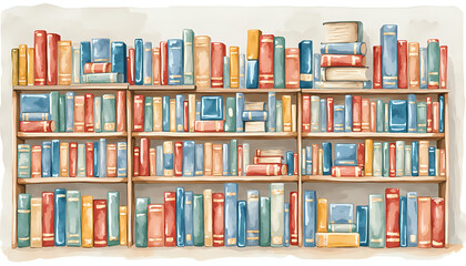 an illustration of a bookshelf with many books on it