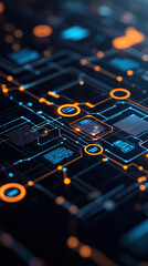 Data Flow Process Integration Concept. A close-up view of a digital circuit board with glowing blue and orange elements, showcasing a futuristic technology design.
