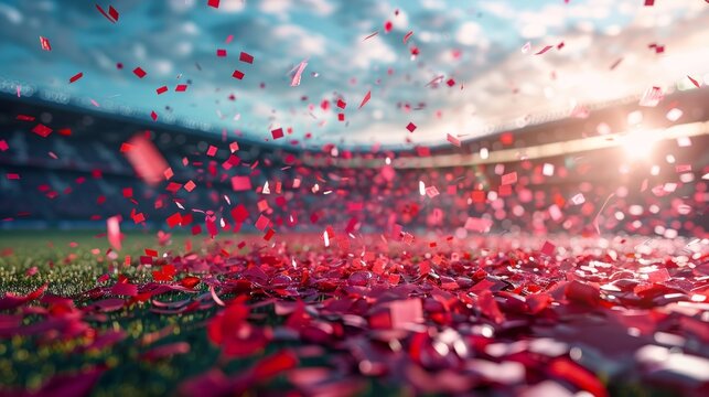 A vibrant soccer field covered in pink and red confetti after a celebration. The image conveys joy and excitement under a serene evening sky.