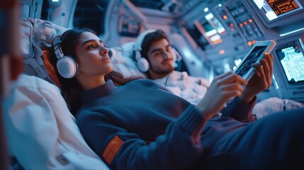 Two astronauts relaxing in a spacecraft lounge while enjoying music and entertainment during a space mission