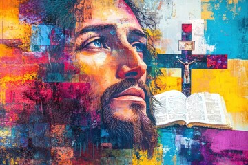 Colorful Abstract Collage of Jesus Christ&rsquo;s Face and an Open Bible Reflecting Faith and Art