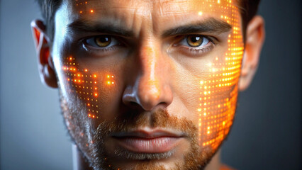 A close-up of a man’s face with an orange glowing digital pattern, showcasing cyberpunk style, futuristic technology, and AI innovation. Highlights augmented reality, face mapping, modern tech conсept