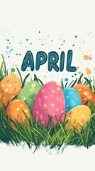 April Banner with Easter Eggs on Grass Background