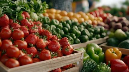 Organic retail food concept, A vibrant display of fresh fruits and vegetables at a market, showcasing colorful strawberries, peppers, and greens in wooden crates.