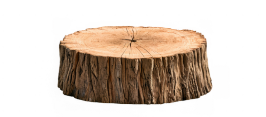 Close-up of weathered tree stump with rough textured surface and jagged edges on transparent background.