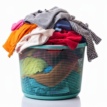 cesto canasto aislado con ropa vestimenta prendas sucia usada para lavar sobre fondo blanco