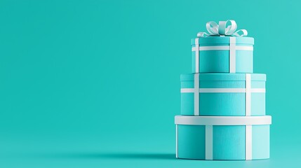 Stack of three teal gift boxes with white ribbons on a teal background.