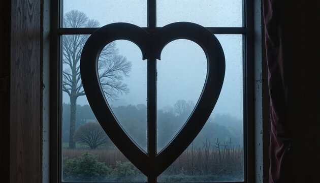 Heart-shaped window frame overlooking a foggy landscape with bare trees, Valentine's Day Celebration background