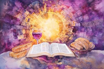 Contemporary Watercolor of a Bible with Bread and Wine Set Against Radiant Stained Glass Light