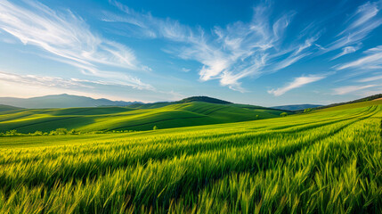 Fototapeta premium Beautiful landscape of an agrofield with smooth stripes of green wheat against the backdrop of a blue sky. Agriculture scene.