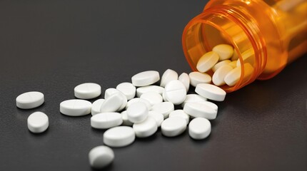 Pills spill from a prescription bottle on a dark surface and create a disorganized display