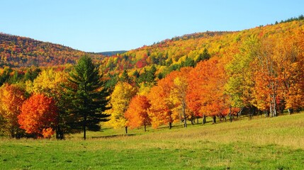 Vibrant autumn foliage on hillside, green meadow.
