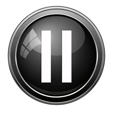 A black button with a pause symbol, enhanced by a distinct reflective window-like highlight on its surface for added depth, isolated on a transparent background