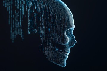 A digital skull composed of binary code, symbolizing the intersection of technology and human identity.