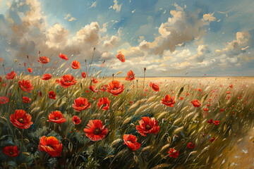 Obraz premium a picturesque field dotted with bright red poppies. 