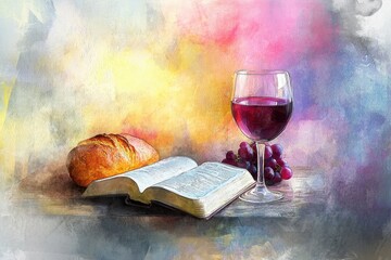 Digital Watercolor of Bread, Wine, Grapes, and an Open Bible on a Wooden Table with a Vibrant Background