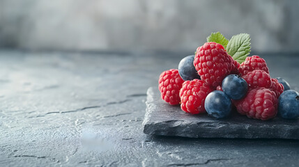 Fresh raspberries and blueberries arranged on slate plate, creating moody and inviting setup. vibrant colors of berries contrast beautifully with dark background, evoking sense of indulgence and