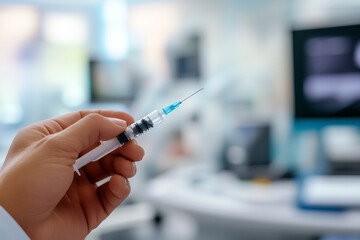 Close-up of a hand holding an insulin pen, preparing to inject, with a blurred background of a doctor's office.