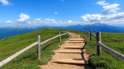 Fototapeta premium A winding mountain path lined with a rustic wooden fence stretches under a vibrant, cloud-filled sky, offering a breathtaking view of the distant peaks and green slopes.