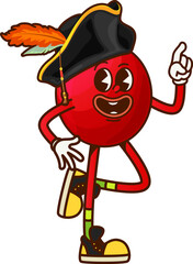 Cartoon groovy cranberry berry corsair character wearing a pirate hat and striking a playful pose. Isolated vector garden plant personage with friendly expression ready for party fun and sea adventure