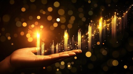 A glowing hand holds shimmering light bars representing growth and potential.