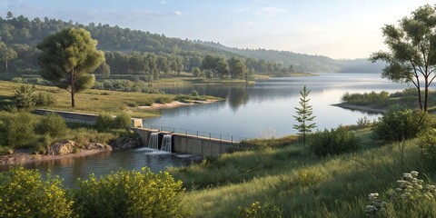 Obraz premium Lake with a small dam and surrounding vegetation, calm surface, dam, peaceful landscape