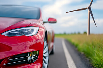 Fototapeta premium Electric vehicle charging near wind turbines sustainable landscape outdoor photography environmental awareness