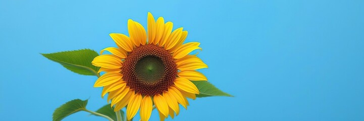 Naklejka premium Large sunflower against a blue background with green leaves and stems in the foreground, field, outdoor, botanical