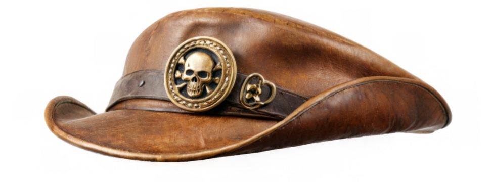 Brown Leather Pirate Hat with Skull Emblem and Gold Buckle on transparent background, Curved Brim and Pointed Crown.