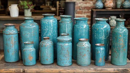 Fototapeta premium A collection of vintage turquoise vases with a distressed finish, arranged on a wooden table, showcasing a rustic aesthetic and artistic charm.