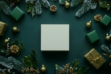 Small white MDF box perfectly centered on a dark green table, surrounded by celebration decorations