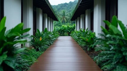 Serene wooden walkway through lush greenery, a tranquil escape into nature's embrace